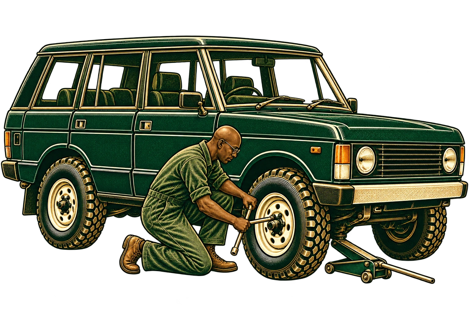 Slim bald Black mechanic wearing glasses, working on a Range Rover Classic: tyre change