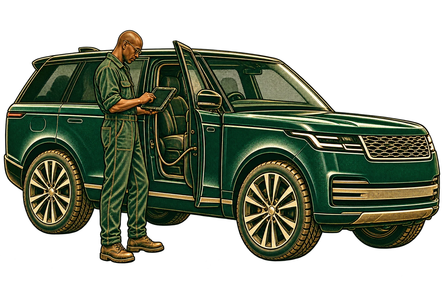 Slim bald Black mechanic wearing glasses, working on a Range Rover: diagnostics