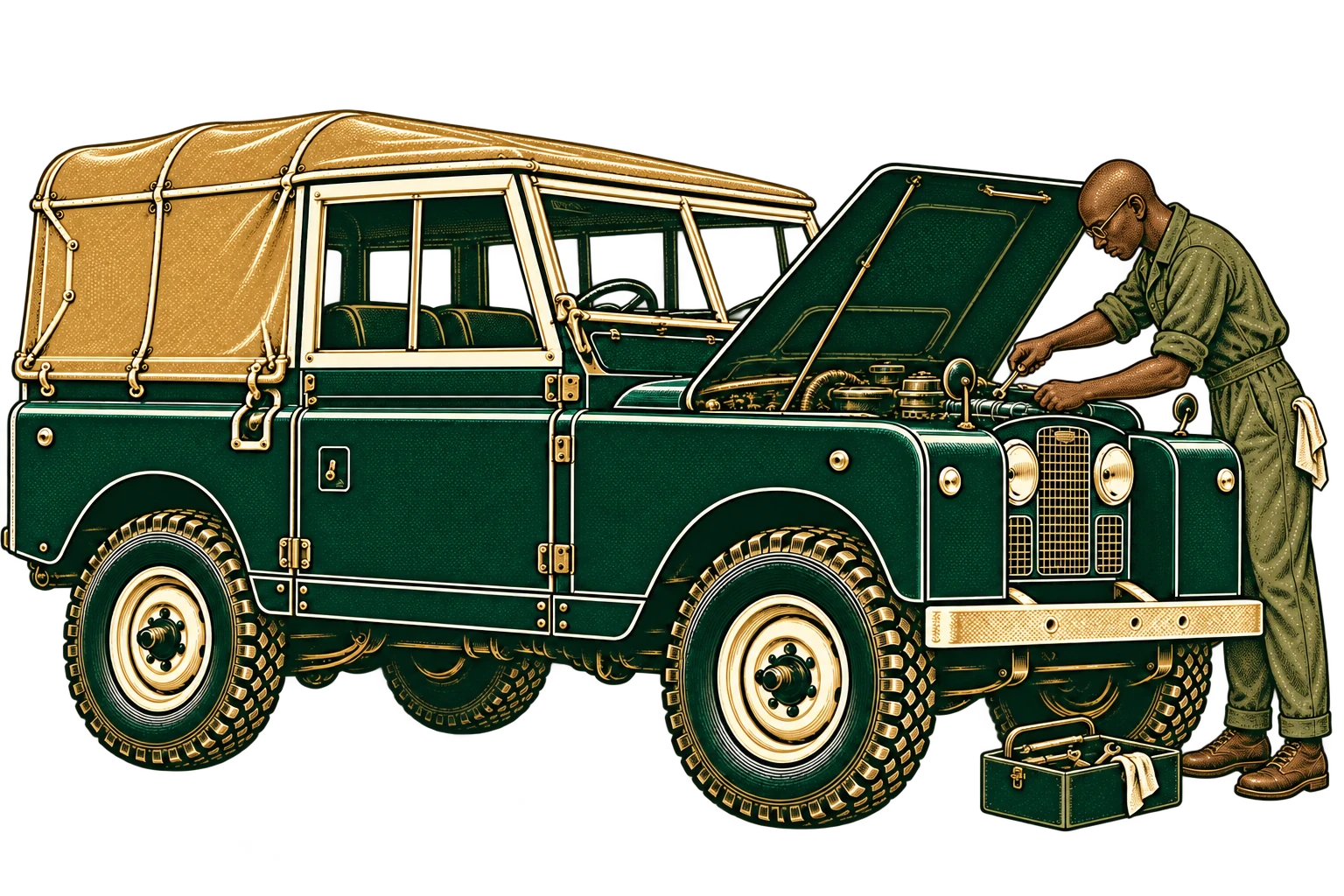 Slim bald Black mechanic wearing glasses, working on a Series IIA Land Rover: engine servicing