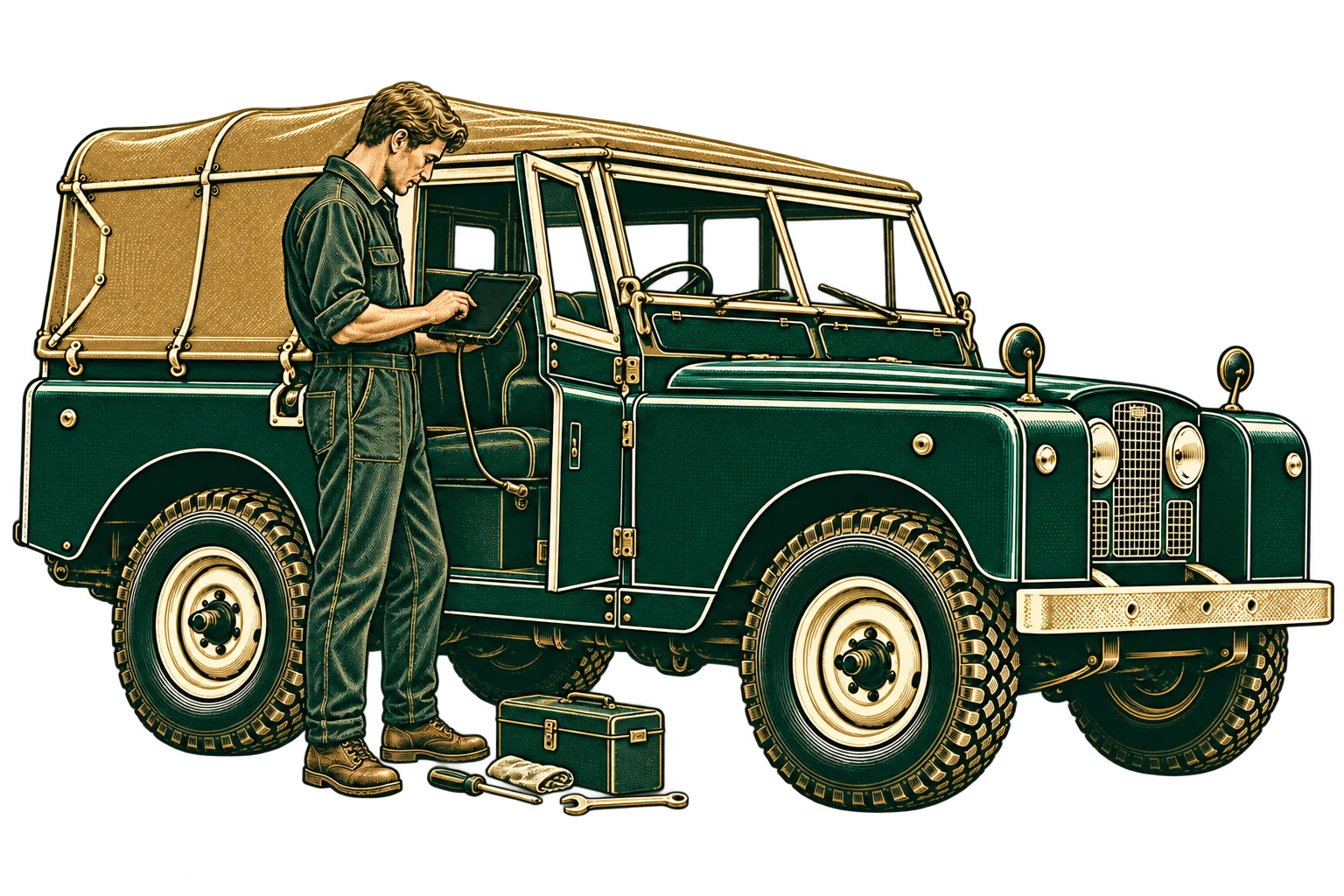 Slim mechanic working on a classic Land Rover: diagnostics