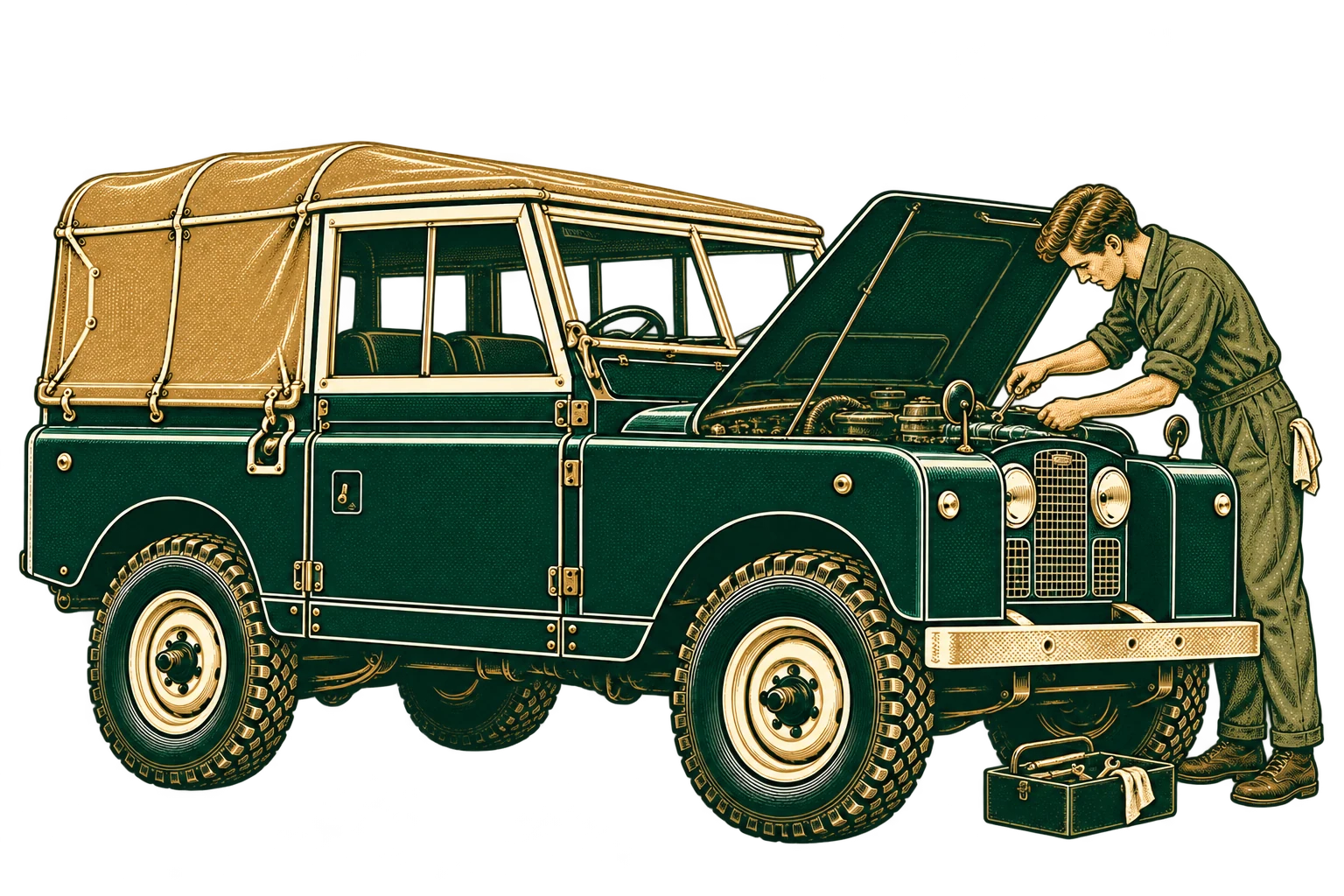 Slim mechanic working on a classic Land Rover: engine servicing