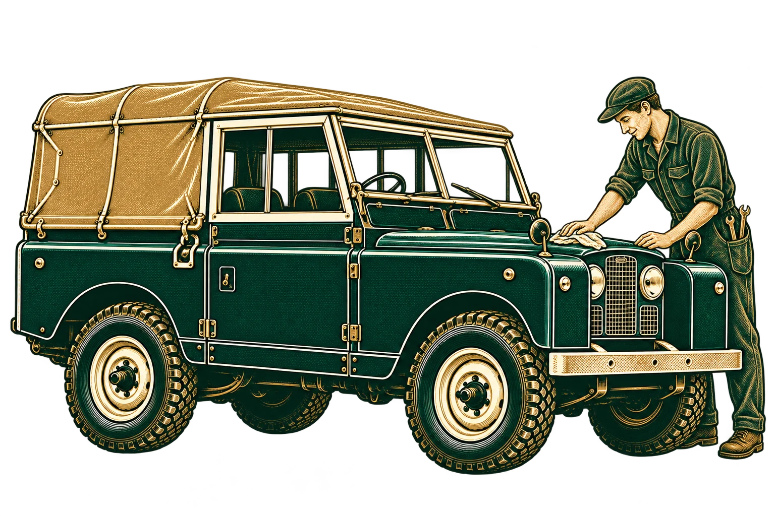 Slim mechanic working on a classic Land Rover: final inspection