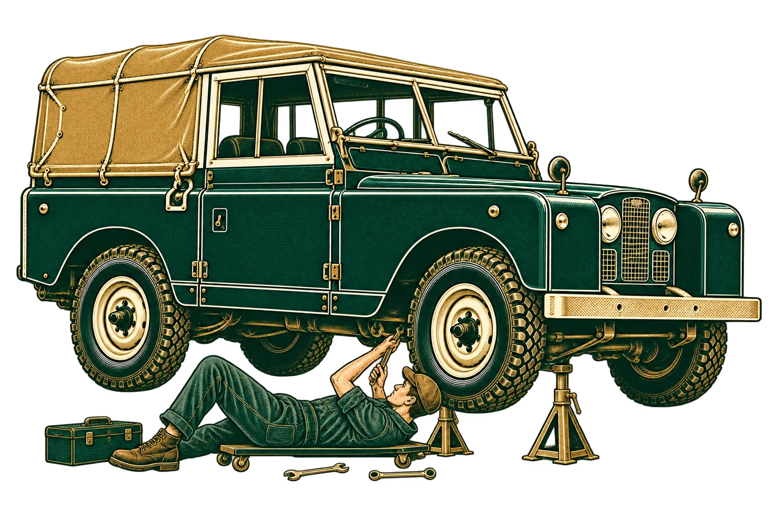 Slim mechanic working on a classic Land Rover: underbody maintenance